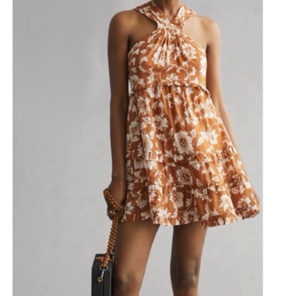 Anthropologie Brown Cream Floral Halter Neck‎ Ruffle Tier Mini Dress